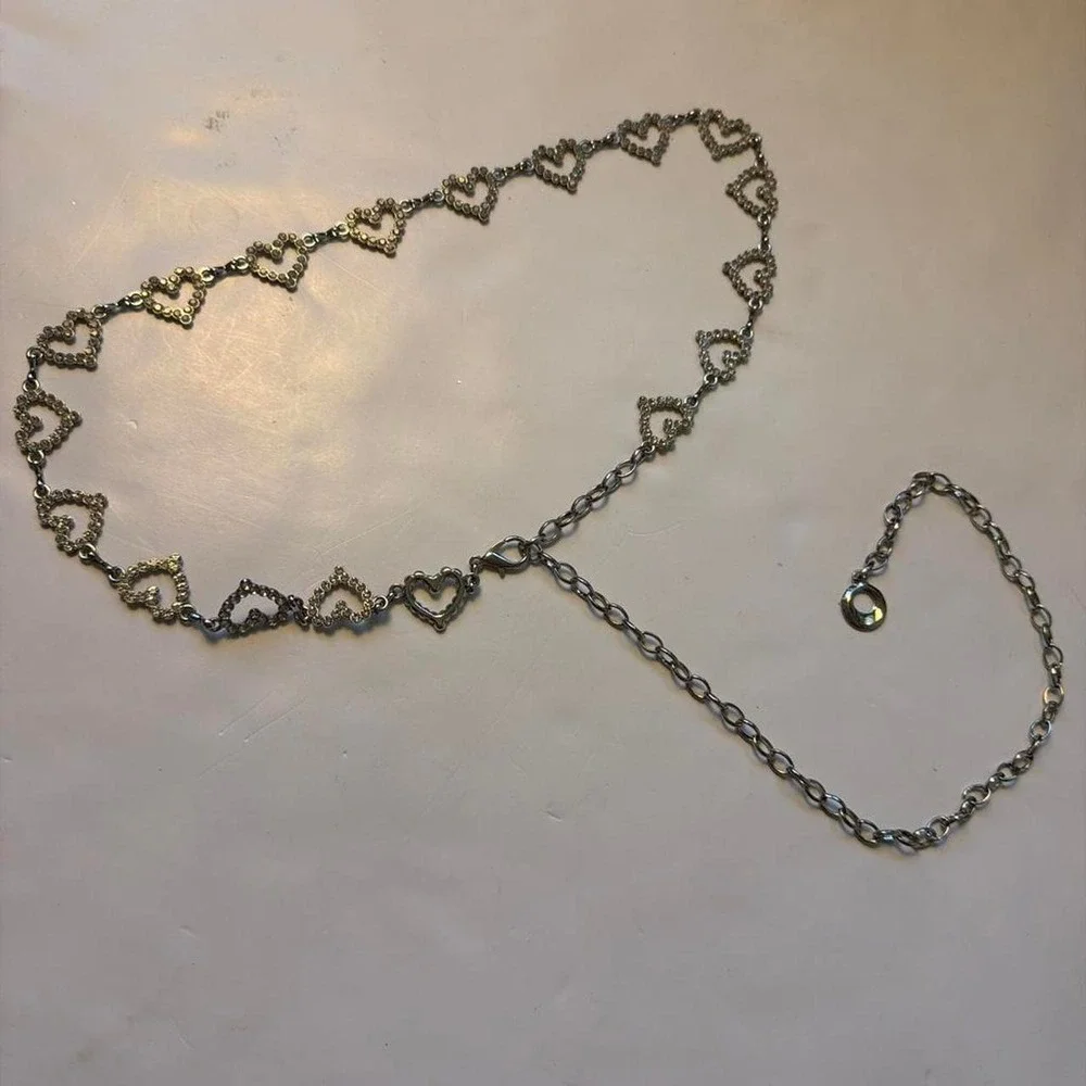 Y2k Mcbling Silver Rhinestone Heart Chain Belt Adjustable Coquette Bimbocore